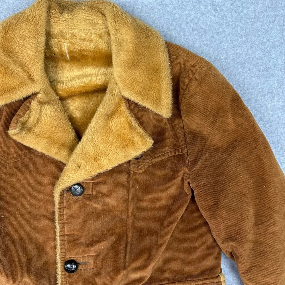 Vtg 70s Large Corduroy Ranch Jacket Brown Faux Shearling Lined Western Yoke Coat
